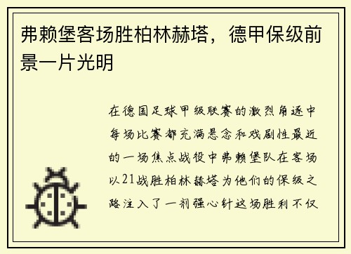 弗赖堡客场胜柏林赫塔，德甲保级前景一片光明