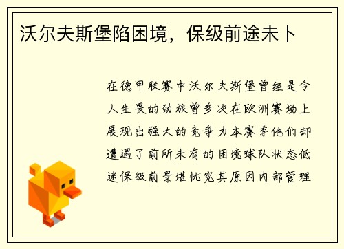 沃尔夫斯堡陷困境，保级前途未卜