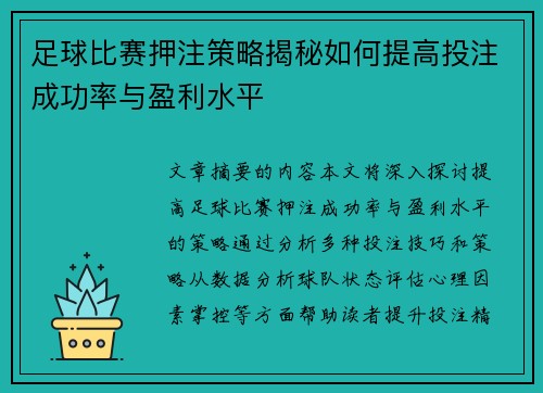 足球比赛押注策略揭秘如何提高投注成功率与盈利水平