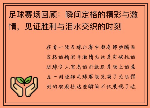足球赛场回顾：瞬间定格的精彩与激情，见证胜利与泪水交织的时刻
