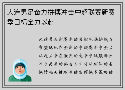 大连男足奋力拼搏冲击中超联赛新赛季目标全力以赴