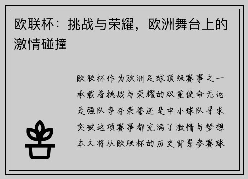 欧联杯：挑战与荣耀，欧洲舞台上的激情碰撞