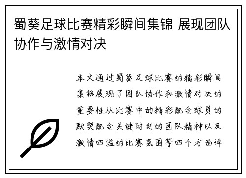蜀葵足球比赛精彩瞬间集锦 展现团队协作与激情对决