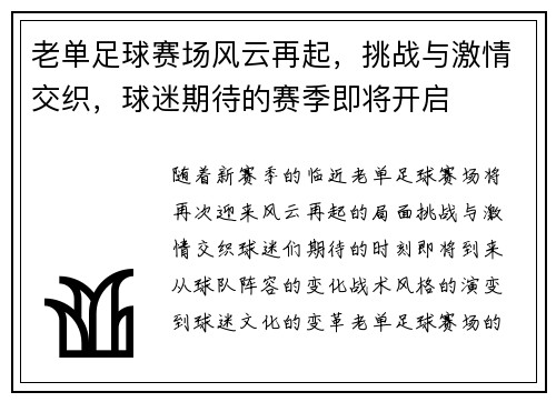 老单足球赛场风云再起，挑战与激情交织，球迷期待的赛季即将开启