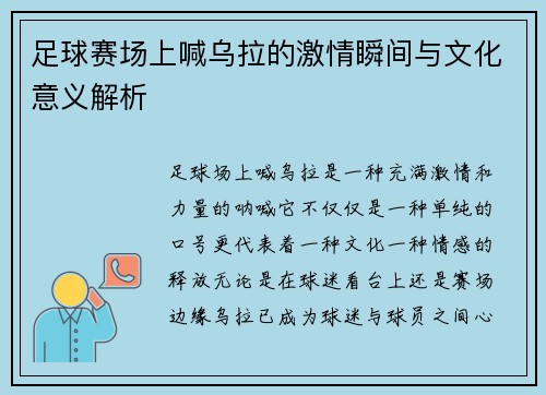 足球赛场上喊乌拉的激情瞬间与文化意义解析