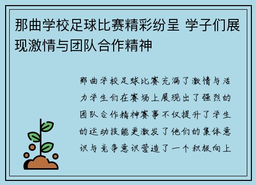那曲学校足球比赛精彩纷呈 学子们展现激情与团队合作精神