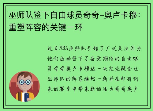 巫师队签下自由球员奇奇-奥卢卡穆：重塑阵容的关键一环