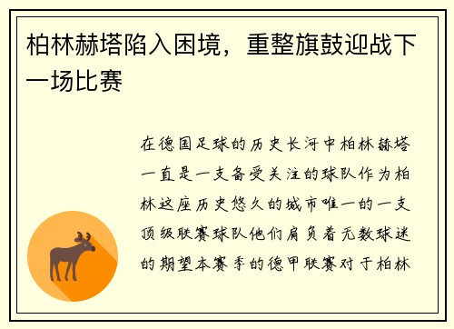 柏林赫塔陷入困境，重整旗鼓迎战下一场比赛