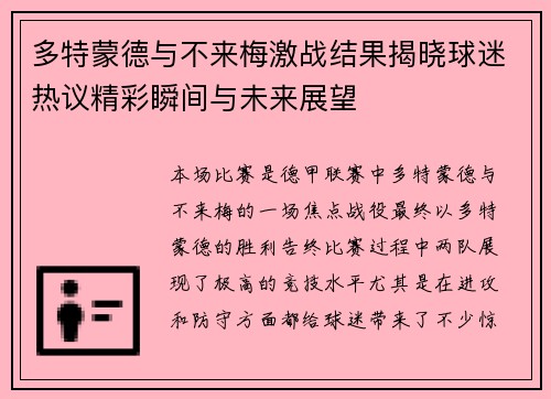 多特蒙德与不来梅激战结果揭晓球迷热议精彩瞬间与未来展望