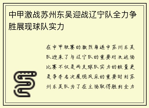 中甲激战苏州东吴迎战辽宁队全力争胜展现球队实力