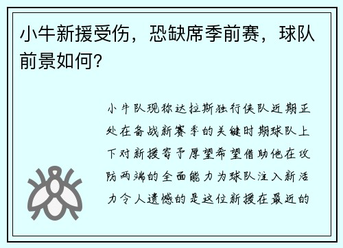小牛新援受伤，恐缺席季前赛，球队前景如何？