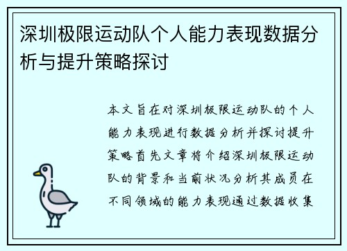 深圳极限运动队个人能力表现数据分析与提升策略探讨