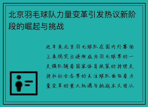 北京羽毛球队力量变革引发热议新阶段的崛起与挑战