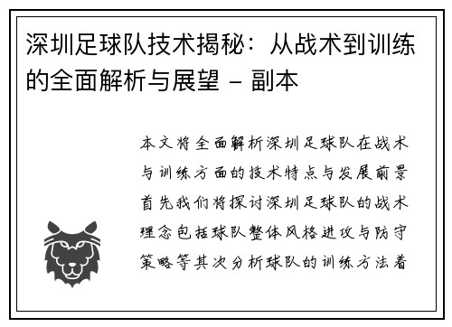 深圳足球队技术揭秘：从战术到训练的全面解析与展望 - 副本